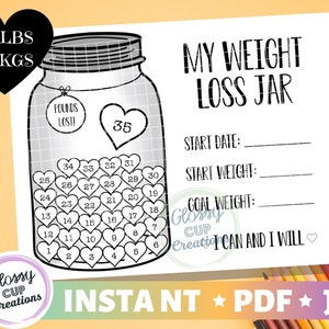 Mein Weight Loss Jar 35lbs - Printable PDF JPG - Pfund verlorenes Glas - Auflösungen - Fitness Tracker - Ziele - Startgewicht - Malseite