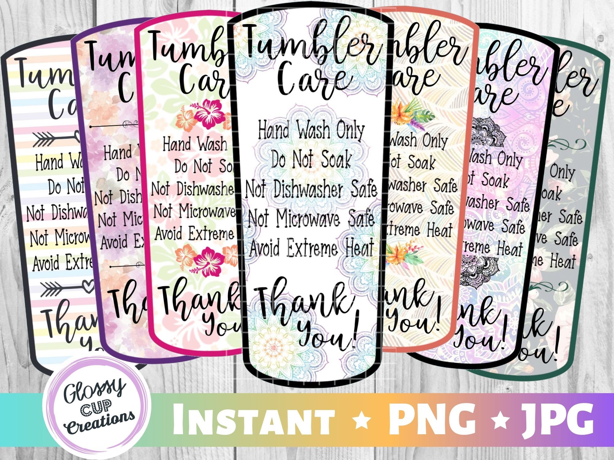Tumbler Care Cards 7 PACK PNG JPG Instant Download Print Etsy