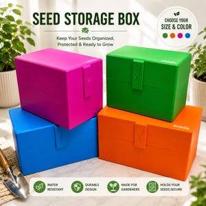 May include: Four colorful seed storage boxes in pink, green, blue, and orange. The boxes have a rectangular shape with a clasp closure and the word "seeds" printed on them. The boxes are labeled "Seed Storage Box" and "Choose Your Size & Color".