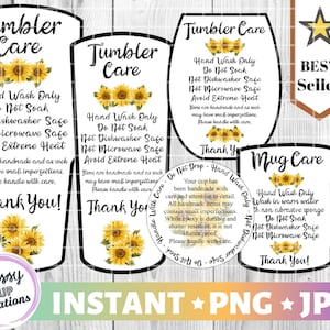 Tumbler Care Card Pack, PNG, Print and Cut Care Cards Design, Tumbler Sticker Files, Instant Download, Sunflower Design