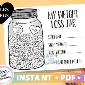 Mein Weight Loss Jar 70lbs - Printable PDF JPG - Pfund verlorenes Glas - Auflösungen - Fitness Tracker - Ziele - Startgewicht - Malseite