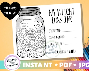 My Weight Loss Jar 70lbs - Printable PDF JPG - Pounds Lost Jar - Resolutions - Fitness Tracker - Goals - Start Weight - Coloring Page