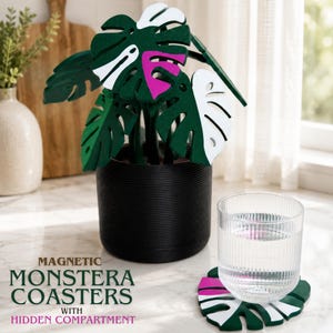 May include: A decorative Monstera plant with green, white, and pink leaves in a black pot. A matching coaster sits next to a glass of water. The text on the image reads "Magnetic Monstera Coasters with Hidden Compartment."