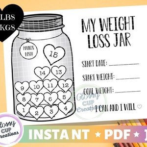 Mein Weight Loss Jar 15lbs - Printable PDF JPG - Pfund verlorenes Glas - Auflösungen - Fitness Tracker - Ziele - Startgewicht - Malseite