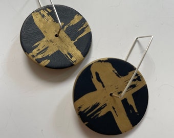 Earrings round black gold cross, spinner disc hoops, black gold x earrings, black x  earrings, black art earrings, red circle earrings