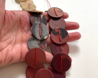 Necklace brick red copper gray ecru black necklace,  long red  necklace, disc necklace, no clasp, modern long necklace, faux stone necklace