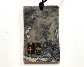 Necklace long distressed large art pendant, black gray gold necklace, no clasp, black gray pendant, stone like necklace, gold cross pendant