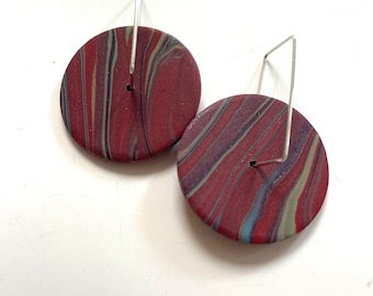 Earrings round brick red blue gold, spinner disc hoops, brick red circle earrings,red striped earrings, red blue striped earrings