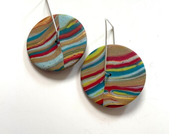 Earrings round red gold blue teal striped, spinner disc hoops, bright earrings, bold multicolor earrings, striped colorful earrings