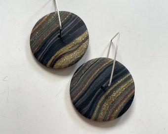 Earrings round black gold purple swirl, spinner disc hoops, glittery earrings, faux stone earrings,  glitter earrings, gold black earrings