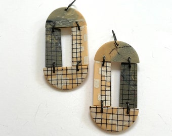 Long earrings, neutral tone earrings, olive green black earrings, beige earrings, modern art earrings, abstract grid earrings