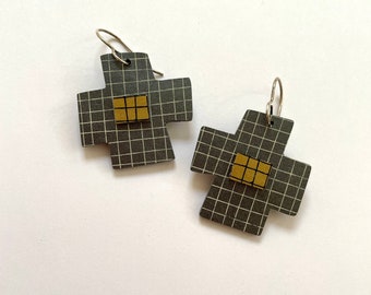 Earrings gold, silver cross earrings, silver earrings, silver grid earrings, gold grid earrings, gold cross earrings