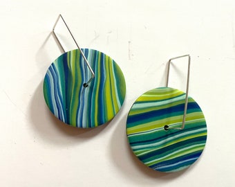 Round spinner disc hoop bright blue green earrings, lime green earrings, striped blue green earrings, bold bright blue earrings