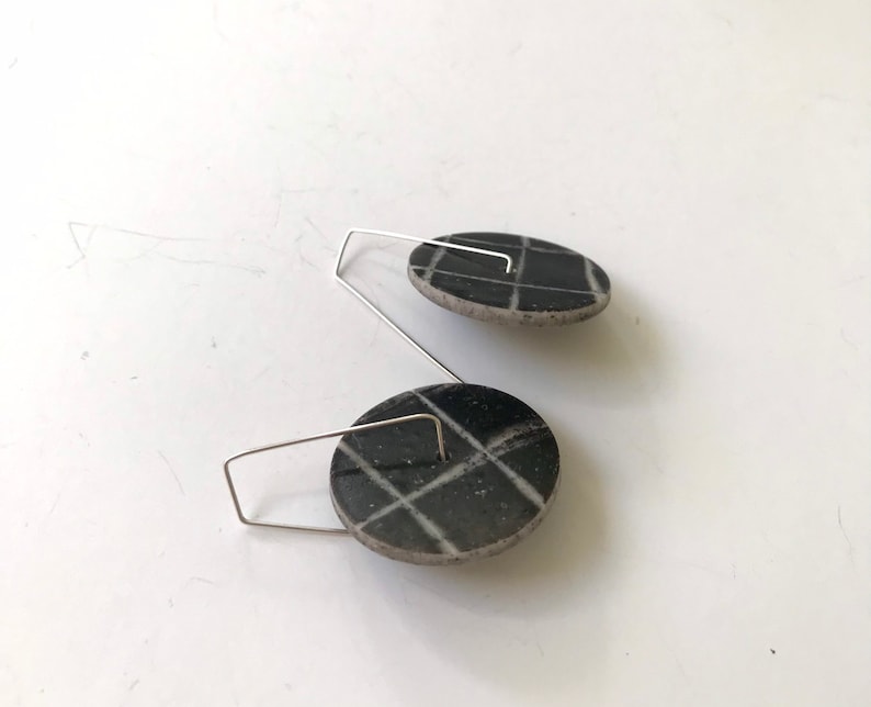 Round spinner disc hoop earrings black gray grid earrings kinetic circle spin earrings.