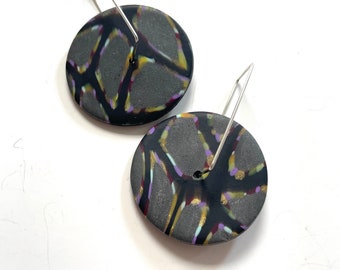 Earrings round gray black spinner disc hoop earrings, colorful earrings, animal print earrings, faux stone earrings, colorful earrings