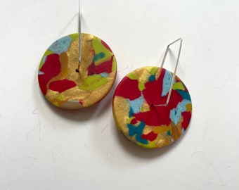 Earrings round red gold turquoise blue green, spinner disc hoops, bright earrings, multicolor circle earrings, color abstract earring