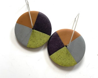 Earrings round orange green purple gray,  spinner disc hoops, pinwheel circle earrings, colorful art earrings, geometric art earrings