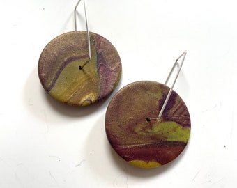 Earrings round gold purple green spinner hoop discs, gold purple earrings, purple earrings, green earrings, gold purple abstract earrings,