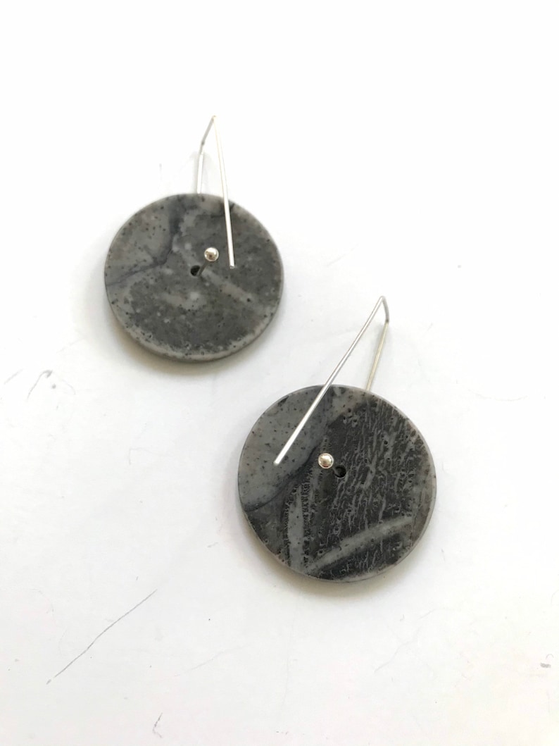 Round spinner disc hoop earrings black gray grid earrings kinetic circle spin earrings.