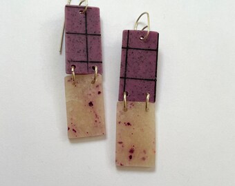 Earrings long hinged purple black rectangle,  purple speckled earrings, purple geometric earrings, transparent earrings, grid earrings