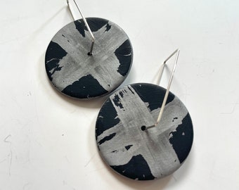 Earrings round black silver cross, spinner disc hoops, black x earrings, silver  x  earrings, black silver circle earrings