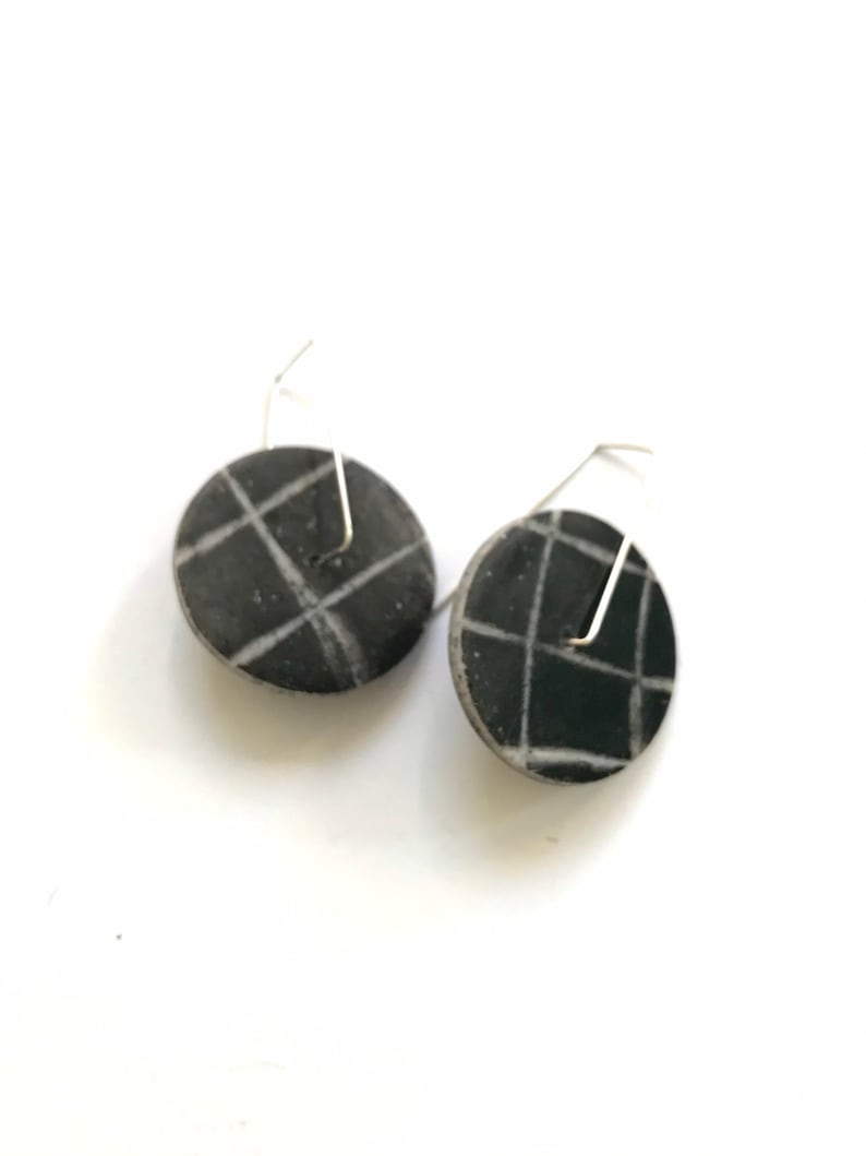 Round spinner disc hoop earrings black gray grid earrings kinetic circle spin earrings.