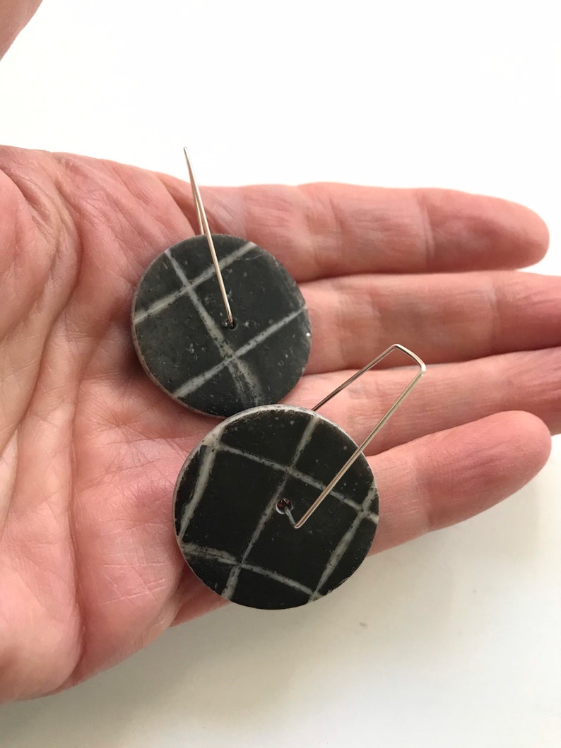 Round spinner disc hoop earrings black gray grid earrings kinetic circle spin earrings.