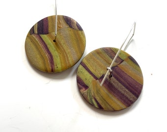 Earrings round gold purple green spinner disc hoops, gold swirl  earrings, purple earrings, green earrings, gold purple swirl earrings,