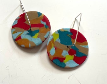 Earrings round colorful red turquoise blue tan abstract earrings, spinner disc hoop earrings, bright circle earrings