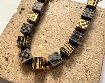 Cubed necklace, gold gray black necklace, no clasp necklace, gold geometric necklace, modern necklace, hand stamped necklace, cubed beads