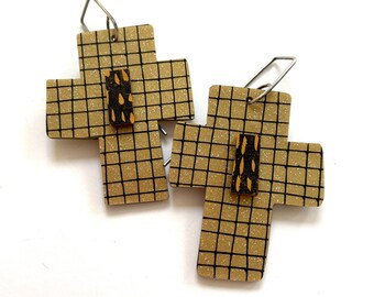 Earrings gold black, cross earrings gold earrings, gold cross earrings, gold grid earrings, black grid earrings,