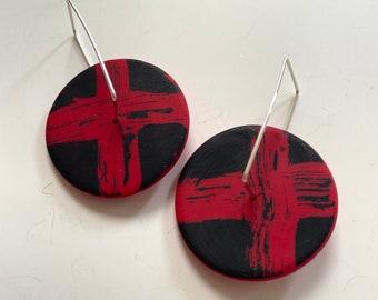 Earrings round red black cross earrings, spinner disc hoops, bold bright red earrings,  red x earrings, red circle cross earrings