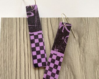 Earrings purple very long, black purple earrings, checkerboard purple earrings, purple art earrings, long purple earrings