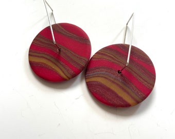 Earrings round red gold abstract, spinner disc hoops,  bright red circle earrings, bold red earrings, red party earrings