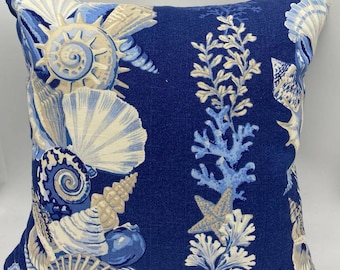 Navy Blue, and Off White 18x18 Beach Motifs Pillow Cover, Decorative Throw pillow. Pattern varies based on size.