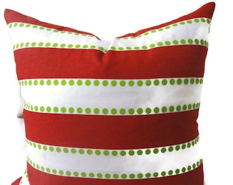 DESIGNER Christmas 18x18 Red White and Green Pillow Cover. STRIPE Throw Pillow Cover. Modern TOSS Pillow.