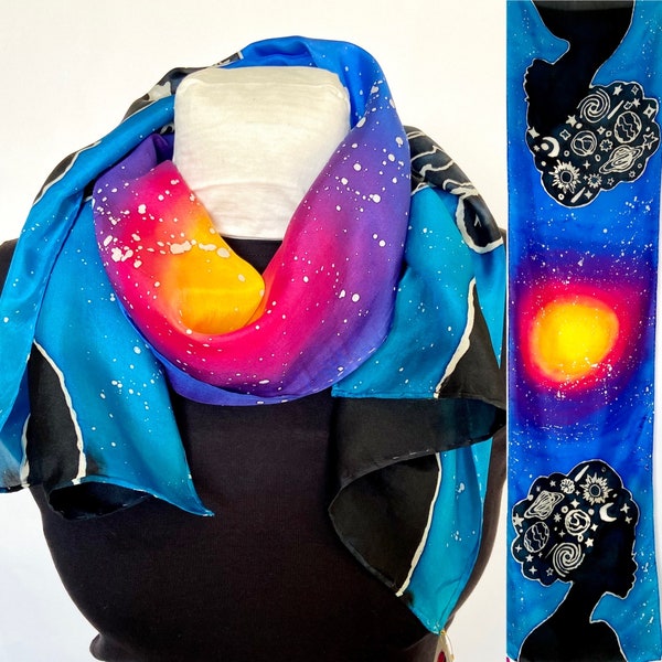 Hand-drawn and dyed Habotai silk scarf with celestial girl, female silhouette on starry galaxy background, 15x60