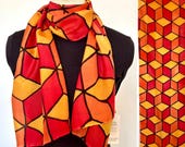 Flat crepe silk scarf with hand painted op art cube pattern in red, yellow and orange , colorful hand dyed silk 15x60"