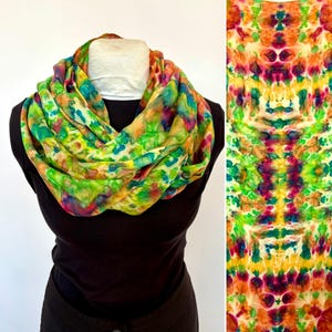 Habotai silk circular infinity scarf, multicolored shibori in fuchsia, orange, yellow, green and blue, ne-maki shibori, hand dyed 22x72"