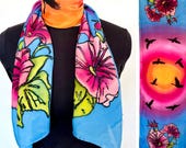 Hand-drawn and dyed Habotai silk scarf with morning glories and birds on sunset background, 15x60