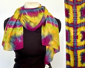 Shibori silk scarf with jewel toned squares in chartreuse, yellow, blue and deep fuchsia, flat crepe silk scarf 15x60