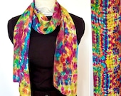 Multicolor Shibori silk scarf in rainbow colors, teal, fuchsia, lime, turquoise and kelly green colorful flat crepe silk scarf 14x72