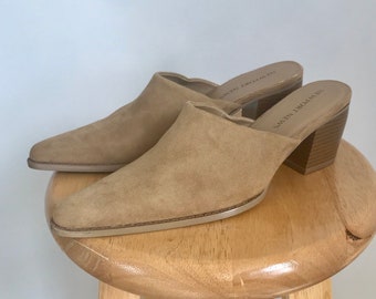 beige suede mules