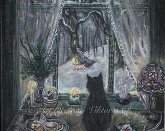 May include: A black cat sits by a window looking out at a snowy forest scene. The window is decorated with lace curtains and there are candles and other decorations on the windowsill. The cat is looking out at a figure in a purple cloak walking through the snow.