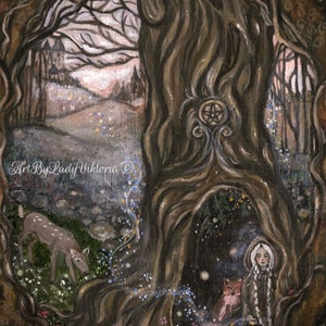 May include: A painting depicting a woodland scene featuring a large tree at its centre. The tree has a hollow in its trunk, where a woman with long white hair and a fox are seated. The woman is holding a book. The tree is surrounded by flowers and a deer is standing in the foreground. The text "Art By Lady Viktoria ©" is in the bottom left corner.