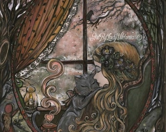 May include: A painting of a woman with long, flowing hair and a black cat sitting in her lap. The woman is looking out a window at a snowy scene. The painting is framed in a dark oval frame. The text "Art By Lady Viktoria ©" is in the upper right corner of the painting.