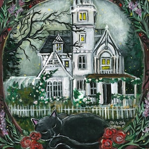 May include: An acrylic painting of a white Victorian house with yellow lit windows, surrounded by a white picket fence and climbing roses. A black cat sleeps in the foreground among red roses, framed by dark foliage and the text Art by Lady Viktoria.