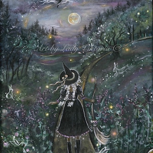 May include: An original painting of a witch in a black dress and hat, holding a broom, walking on a path through a moonlit forest. White rabbits and stars are scattered throughout the scene. The painting is signed "Art by Lady Viktoria C."