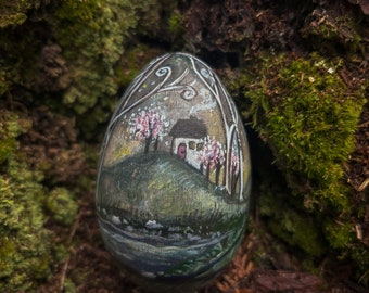 Birch cottage, a hand painted wooden egg