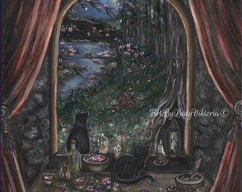 May include: A painting of a window with two black cats looking out at a moonlit forest. The window is framed by stone and red curtains. There are candles and other objects on a table in front of the window.